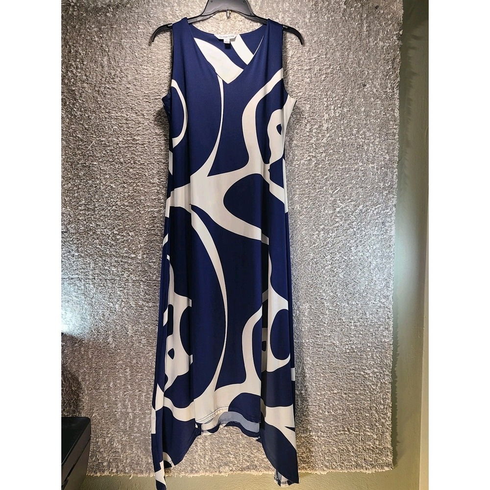La Mer Luxe Resort Wear Blue White Sleeveless Maxi Shift Dress Small Polyester